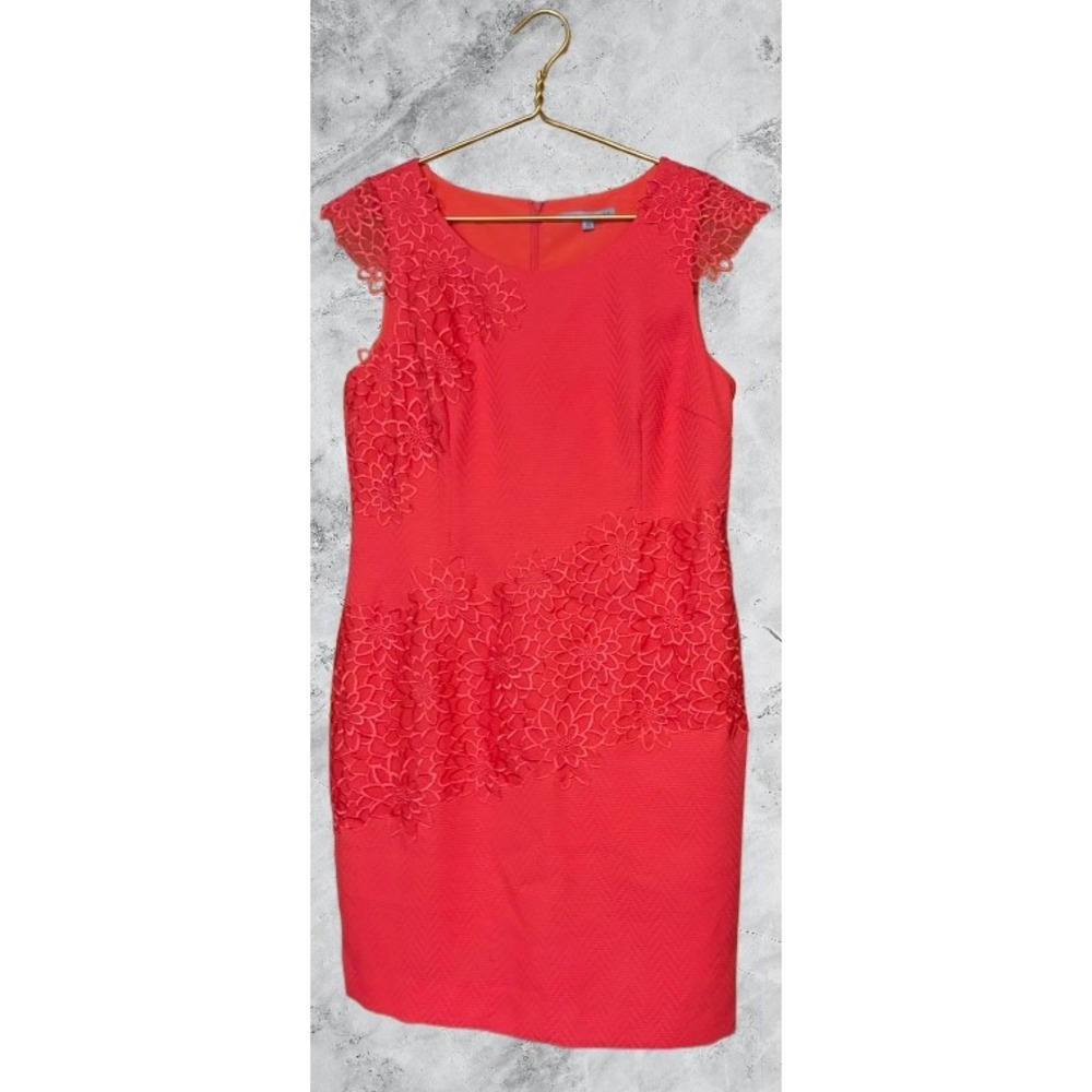Antonio Melani Coral Red Floral Lace Applique Textured Sheath Dress Size 14